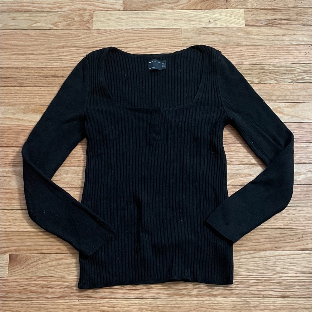 ASOS Henley Black Ribbed Long Sleeve Top